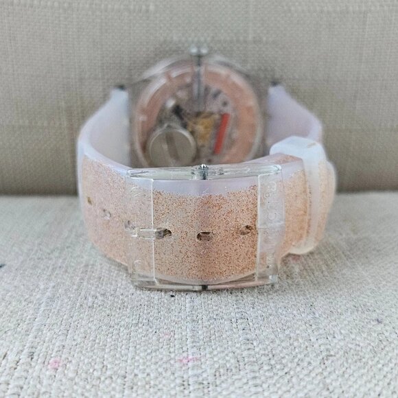 Swatch Pink Glistar SUOK703 Watch 40mm Silicone Rose Gold Tone Glitter - Picture 13 of 13